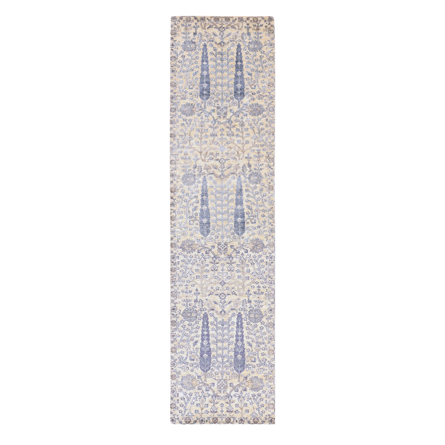 2'7"x10'1" Ivory with Purple, Willow and Cypress Tree Design, Silk with Textured Wool, Hand Knotted, Runner, Oriental Rug 